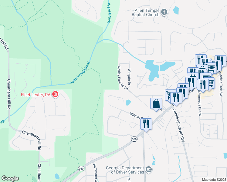 map of restaurants, bars, coffee shops, grocery stores, and more near 1199 Wilburn Drive Southwest in Marietta
