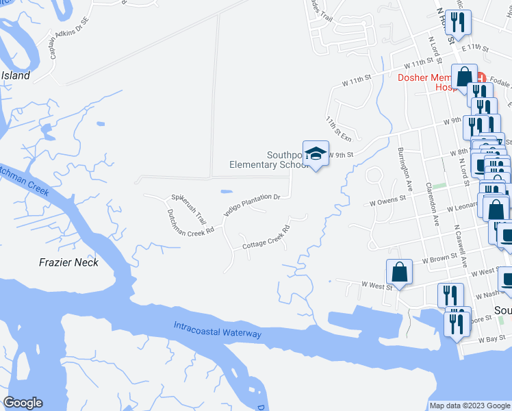 map of restaurants, bars, coffee shops, grocery stores, and more near 820 Indigo Village Court in Southport