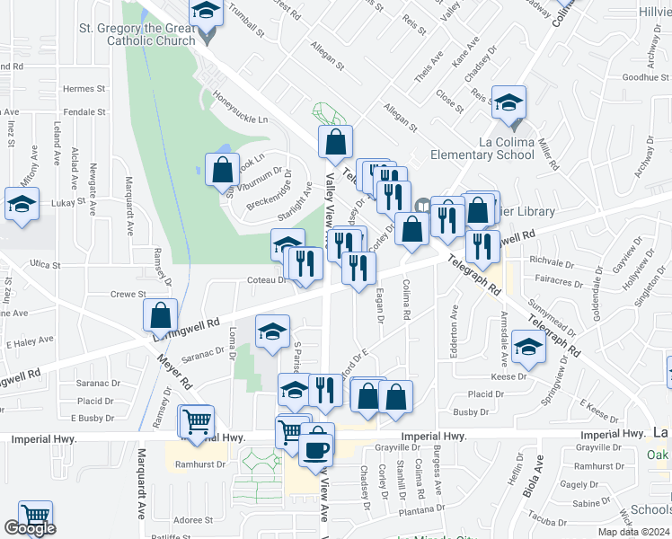 map of restaurants, bars, coffee shops, grocery stores, and more near 11716 Valley View Avenue in Whittier