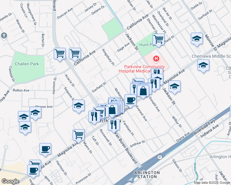 map of restaurants, bars, coffee shops, grocery stores, and more near 3920 McKenzie Street in Riverside