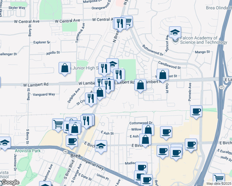 map of restaurants, bars, coffee shops, grocery stores, and more near 334 North Orange Avenue in Brea