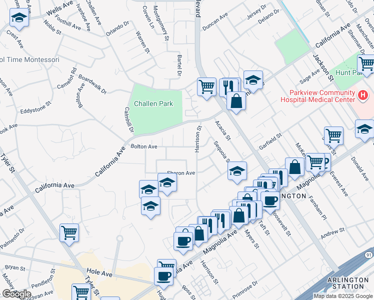 map of restaurants, bars, coffee shops, grocery stores, and more near 9784 Bolton Avenue in Riverside