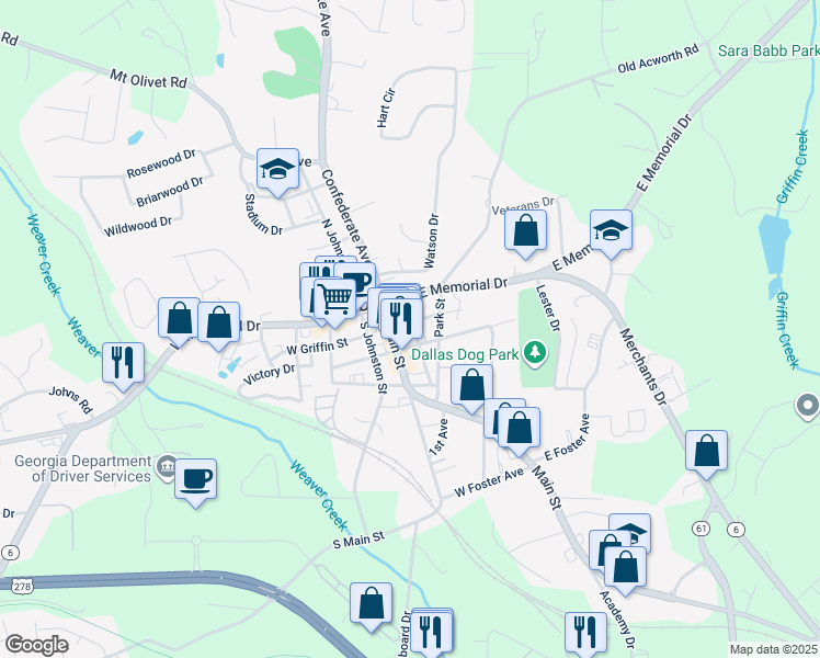 map of restaurants, bars, coffee shops, grocery stores, and more near 121 East Griffin Street in Dallas