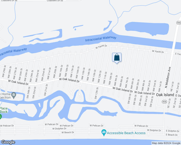map of restaurants, bars, coffee shops, grocery stores, and more near 116 Northwest 14th Street in Oak Island