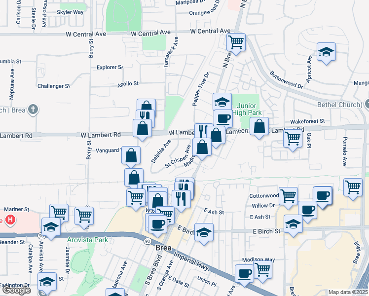 map of restaurants, bars, coffee shops, grocery stores, and more near 273 Saint Crispen Avenue in Brea