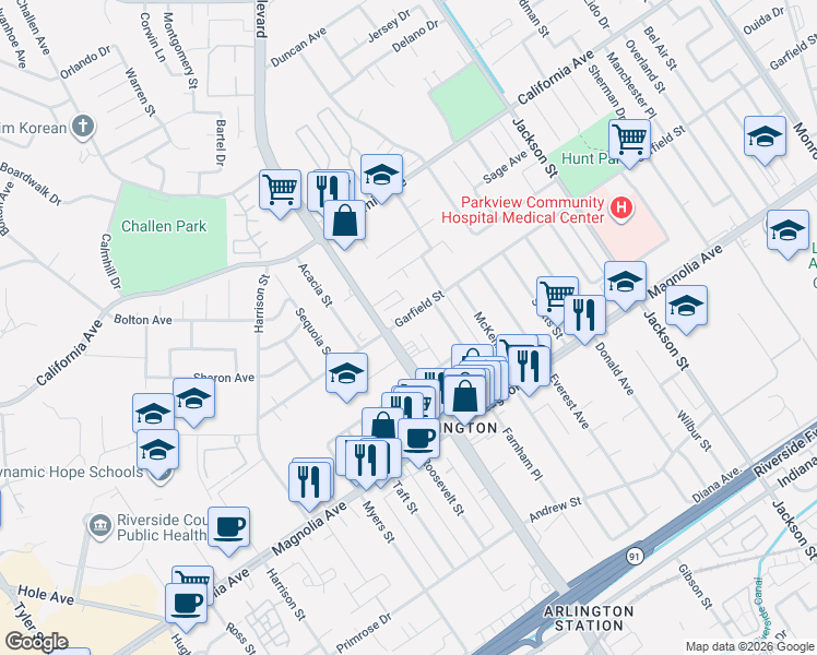 map of restaurants, bars, coffee shops, grocery stores, and more near 9460 Garfield Street in Riverside