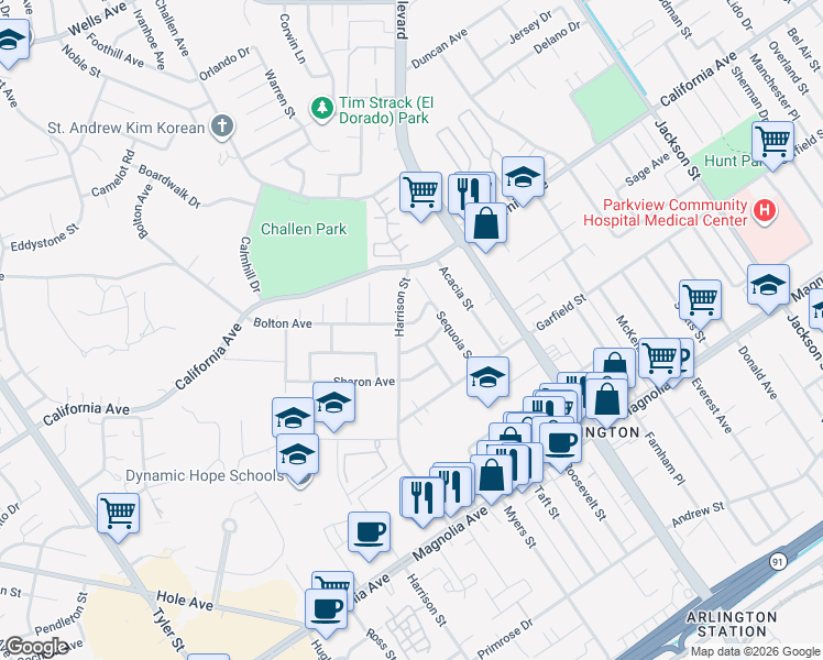 map of restaurants, bars, coffee shops, grocery stores, and more near 9676 Bolton Avenue in Riverside