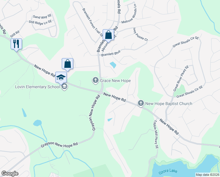 map of restaurants, bars, coffee shops, grocery stores, and more near 1806 New Hope Road in Lawrenceville