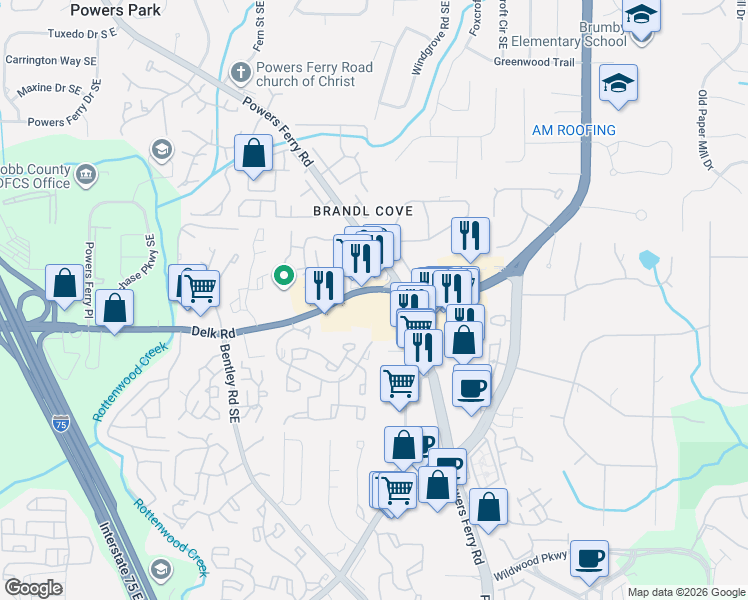 map of restaurants, bars, coffee shops, grocery stores, and more near 2800 Delk Road Southeast in Marietta