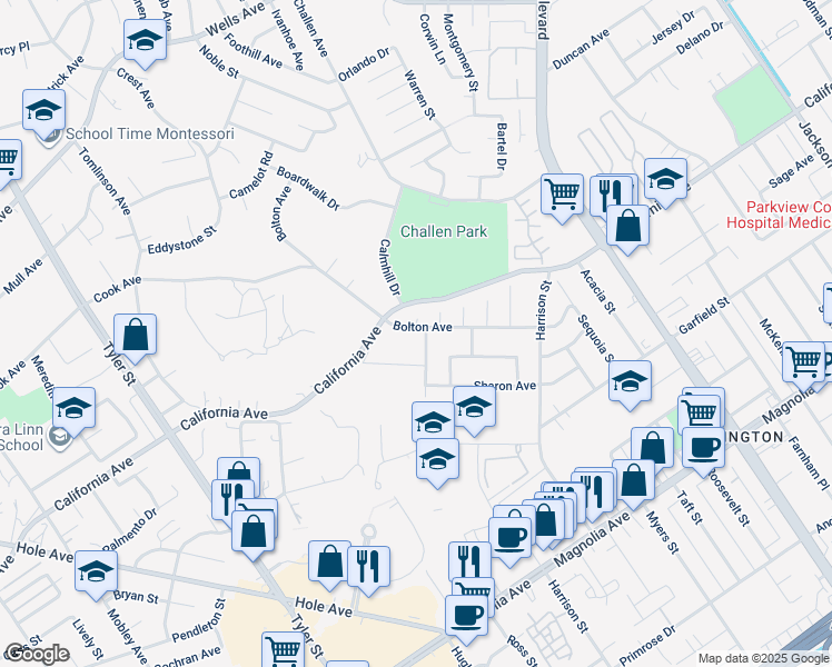 map of restaurants, bars, coffee shops, grocery stores, and more near 7626 Bolton Avenue in Riverside