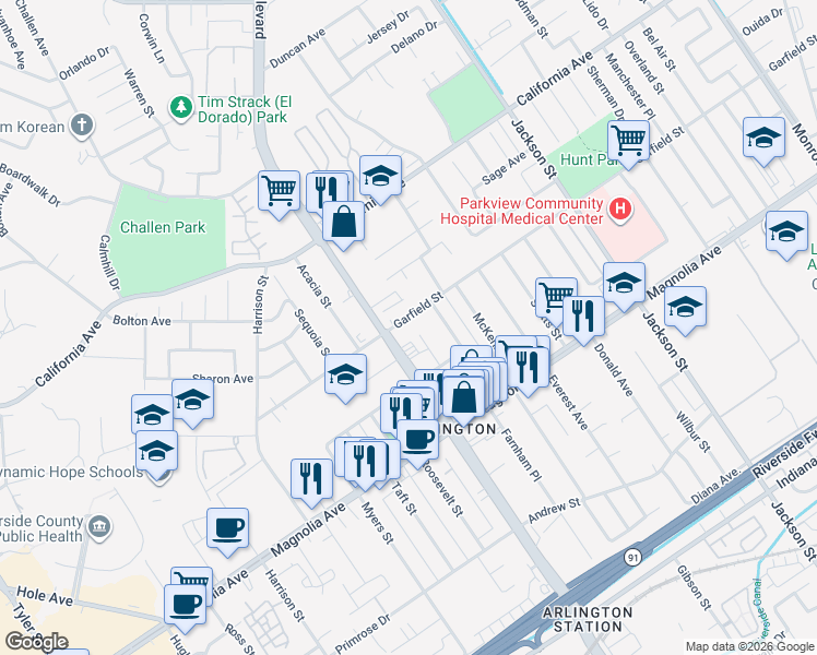 map of restaurants, bars, coffee shops, grocery stores, and more near 9473 Garfield Street in Riverside