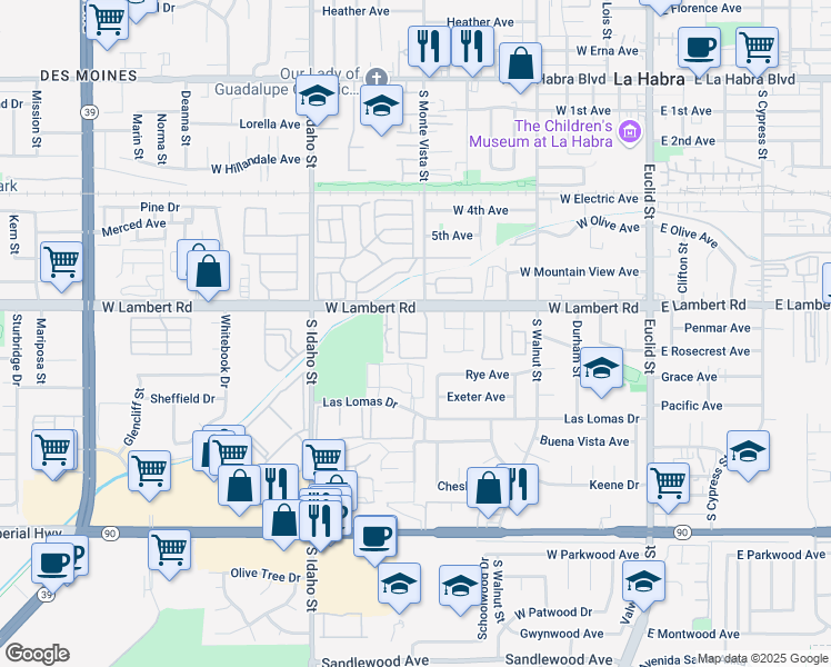 map of restaurants, bars, coffee shops, grocery stores, and more near 888 West Lambert Road in La Habra