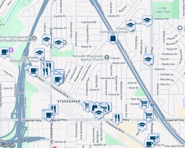 map of restaurants, bars, coffee shops, grocery stores, and more near 11922 Longworth Avenue in Norwalk