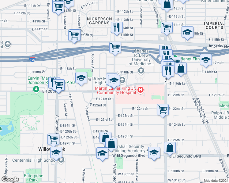 map of restaurants, bars, coffee shops, grocery stores, and more near 11913 Compton Avenue in Los Angeles