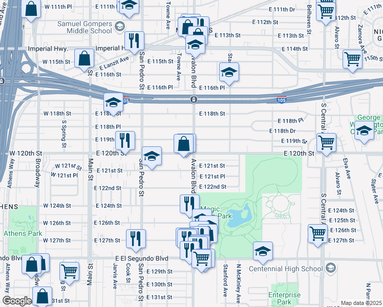 map of restaurants, bars, coffee shops, grocery stores, and more near 443 East 120th Street in Los Angeles