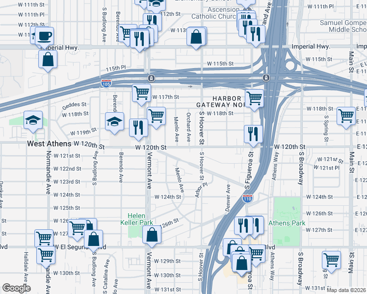 map of restaurants, bars, coffee shops, grocery stores, and more near 735 West 120th Street in Los Angeles