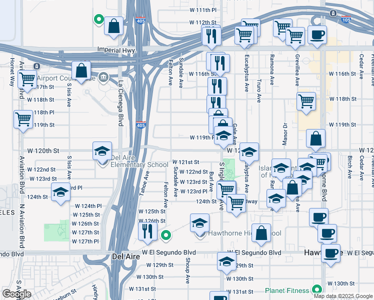 map of restaurants, bars, coffee shops, grocery stores, and more near 4943 West 120th Street in Hawthorne