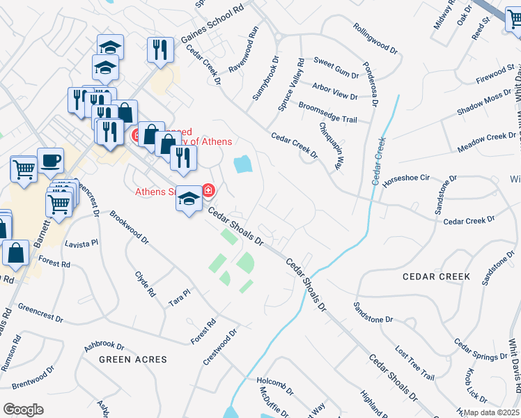 map of restaurants, bars, coffee shops, grocery stores, and more near 111 Spring Lake Drive in Athens