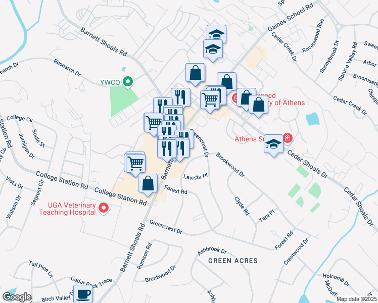 map of restaurants, bars, coffee shops, grocery stores, and more near 535 Greencrest Drive in Athens