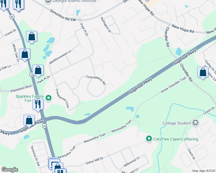 map of restaurants, bars, coffee shops, grocery stores, and more near 1120 Briarwood Cove in Lawrenceville