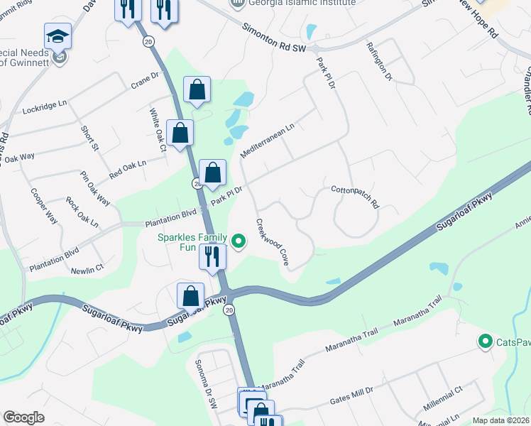 map of restaurants, bars, coffee shops, grocery stores, and more near 100 Cottonpatch Road in Lawrenceville