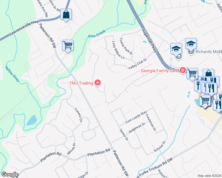 map of restaurants, bars, coffee shops, grocery stores, and more near 3741 Alamosa Court in Lawrenceville