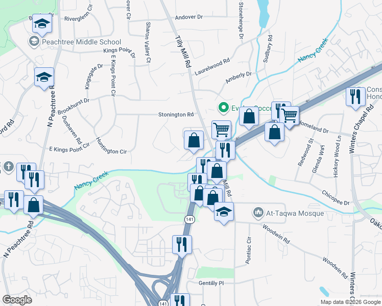 map of restaurants, bars, coffee shops, grocery stores, and more near 4430 Tilly Mill Road in Dunwoody