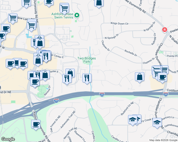 map of restaurants, bars, coffee shops, grocery stores, and more near 4074 Townsend lane in Dunwoody
