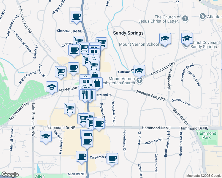 map of restaurants, bars, coffee shops, grocery stores, and more near 349 Johnson Ferry Road in Atlanta