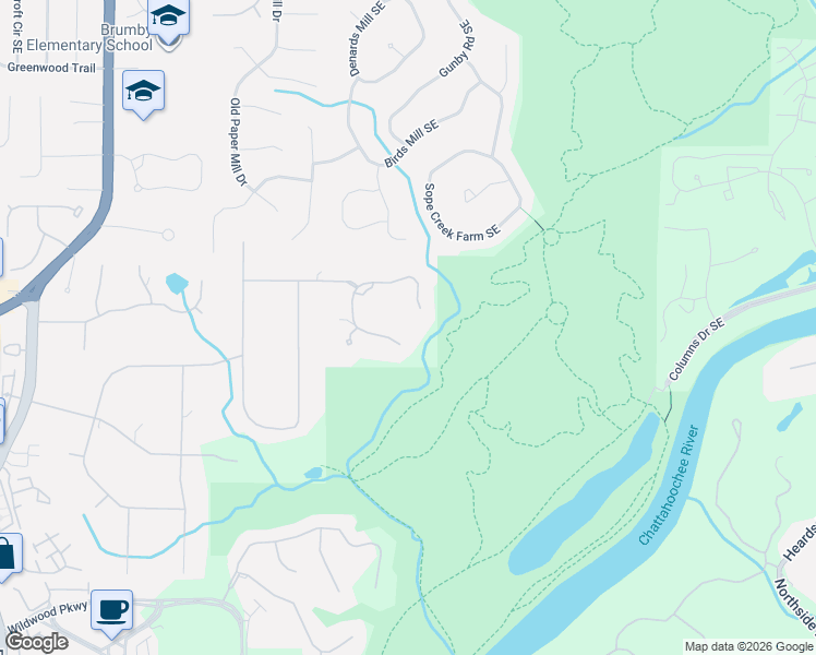 map of restaurants, bars, coffee shops, grocery stores, and more near 1040 Woodruff Plantation in Marietta