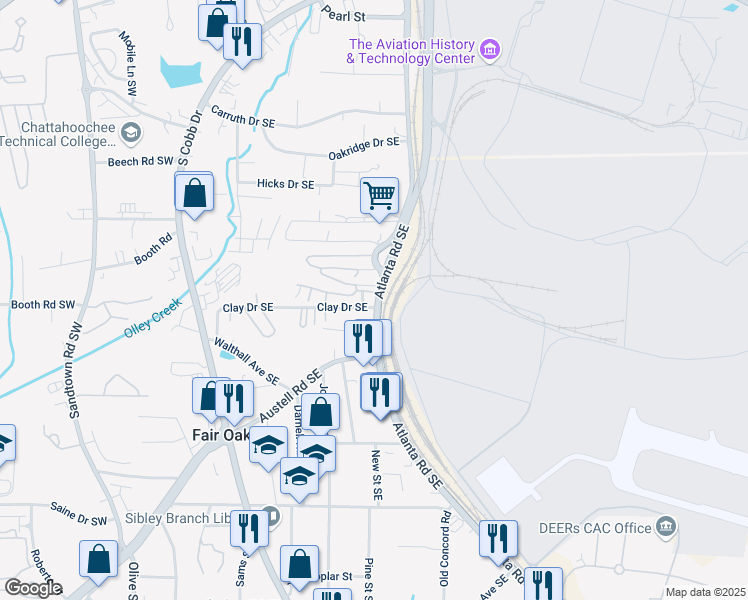 map of restaurants, bars, coffee shops, grocery stores, and more near 1150 D Drive in Marietta