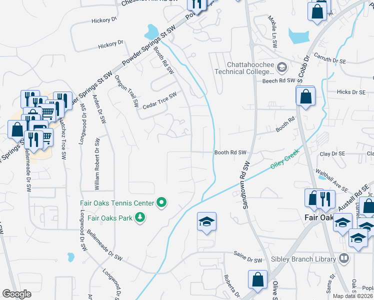 map of restaurants, bars, coffee shops, grocery stores, and more near 1170B Booth Road Southwest in Marietta