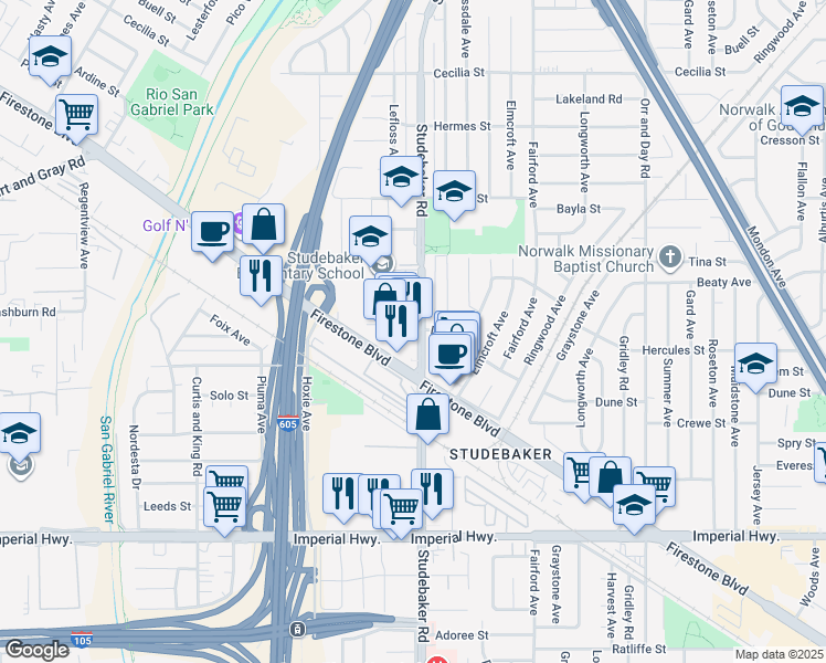 map of restaurants, bars, coffee shops, grocery stores, and more near 10949 Firestone Boulevard in Norwalk
