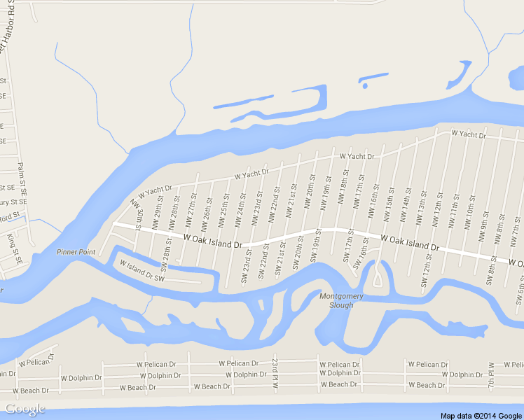 map of restaurants, bars, coffee shops, grocery stores, and more near 118 Northwest 23rd Street in Oak Island