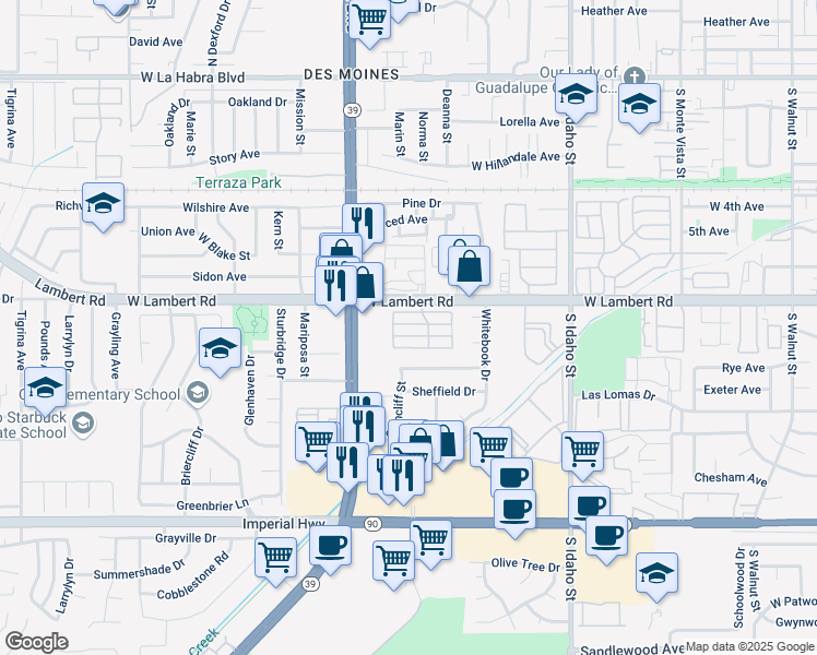 map of restaurants, bars, coffee shops, grocery stores, and more near 1750 West Lambert Road in La Habra