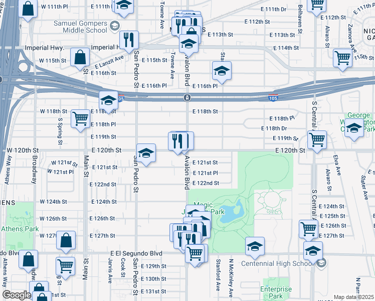 map of restaurants, bars, coffee shops, grocery stores, and more near Avalon Boulevard & East 120th Street in Los Angeles