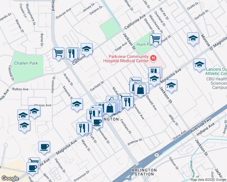 map of restaurants, bars, coffee shops, grocery stores, and more near 3920 McKenzie Street in Riverside
