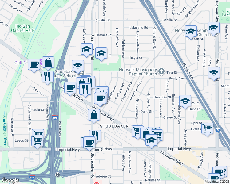 map of restaurants, bars, coffee shops, grocery stores, and more near 11909 Elmcroft Avenue in Norwalk