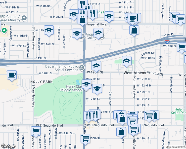 map of restaurants, bars, coffee shops, grocery stores, and more near 1722 West 120th Street in Los Angeles