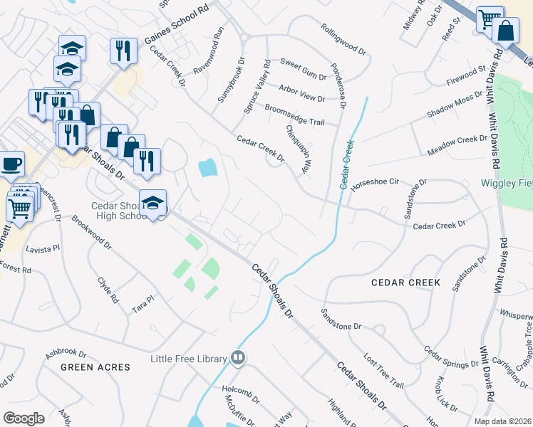 map of restaurants, bars, coffee shops, grocery stores, and more near 211 East Paces Drive in Athens