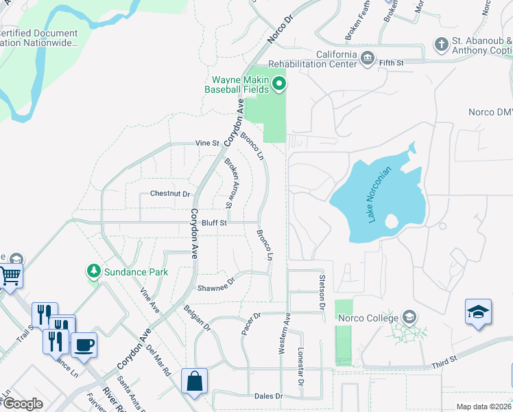 map of restaurants, bars, coffee shops, grocery stores, and more near 2880 Bronco Lane in Norco