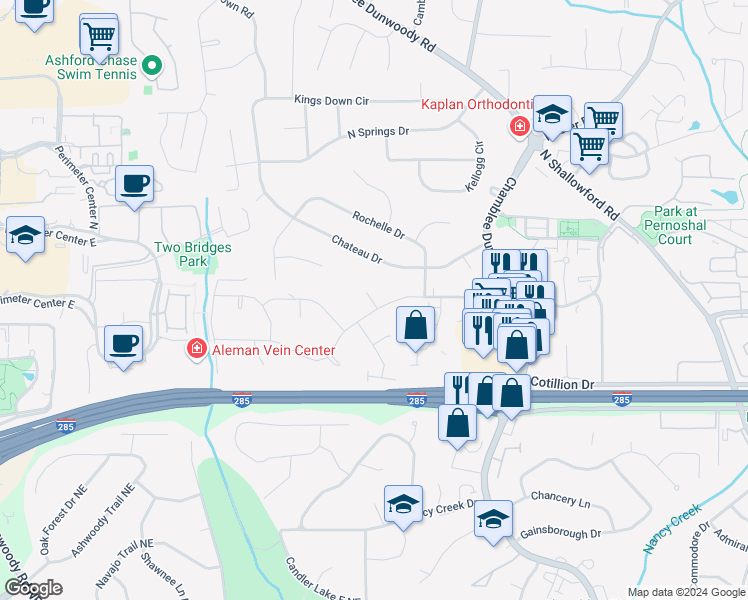 map of restaurants, bars, coffee shops, grocery stores, and more near 1646 Georgetown Way in Dunwoody