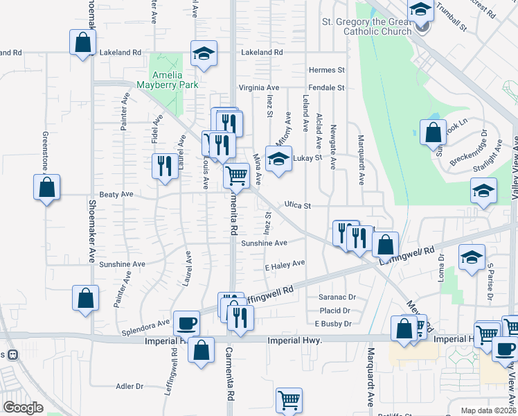 map of restaurants, bars, coffee shops, grocery stores, and more near 13422 Beaty Avenue in Whittier
