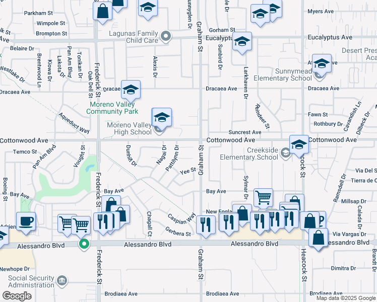map of restaurants, bars, coffee shops, grocery stores, and more near 23437 Challis Court in Moreno Valley