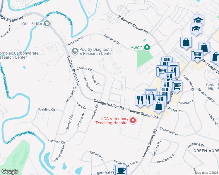 map of restaurants, bars, coffee shops, grocery stores, and more near 401 College Circle in Athens