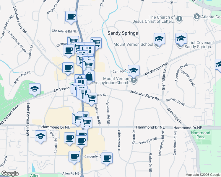 map of restaurants, bars, coffee shops, grocery stores, and more near 368 Johnson Ferry Road in Sandy Springs
