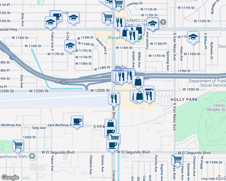 map of restaurants, bars, coffee shops, grocery stores, and more near 2909 West 120th Street in Hawthorne
