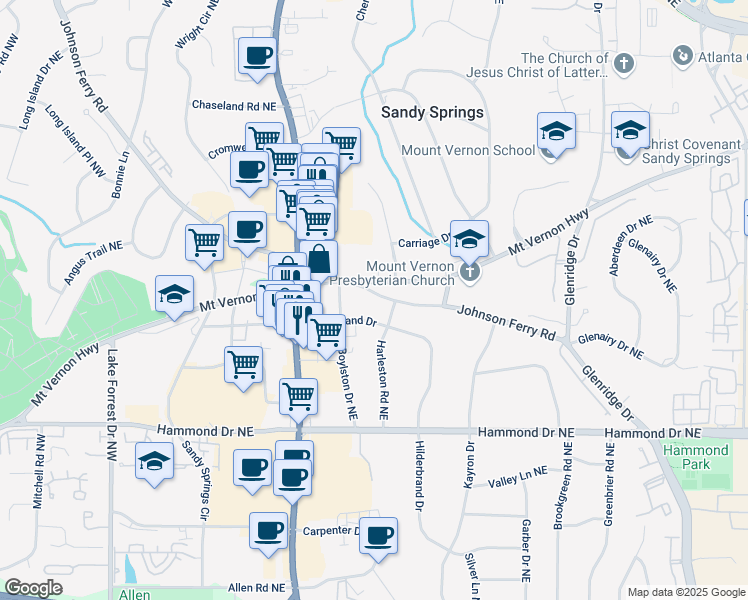 map of restaurants, bars, coffee shops, grocery stores, and more near 349 Johnson Ferry Road in Atlanta