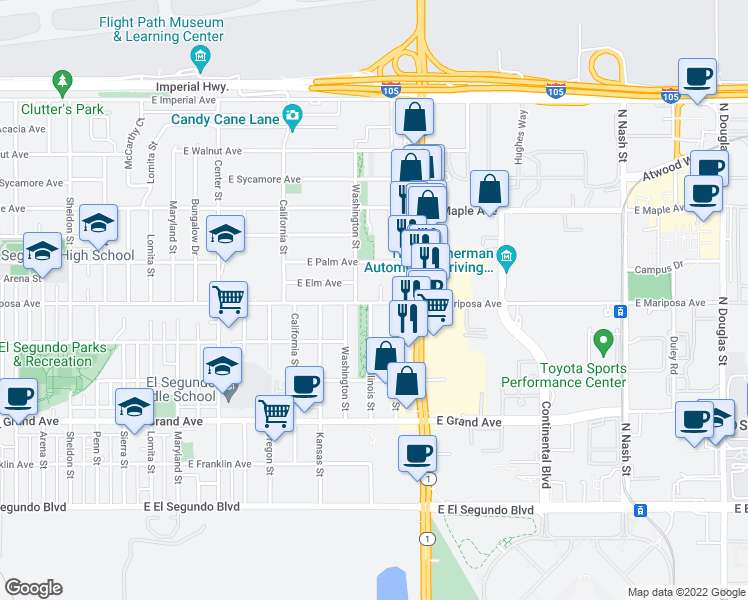 map of restaurants, bars, coffee shops, grocery stores, and more near 601 Illinois Court in El Segundo