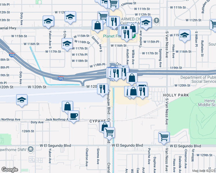 map of restaurants, bars, coffee shops, grocery stores, and more near Crenshaw Boulevard & West 120th Street in Hawthorne